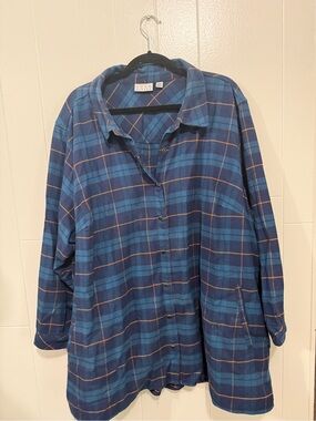 Joan Rivers Navy and Light Blue Plaid Shirt Jacket with Orange Accents - PETITE